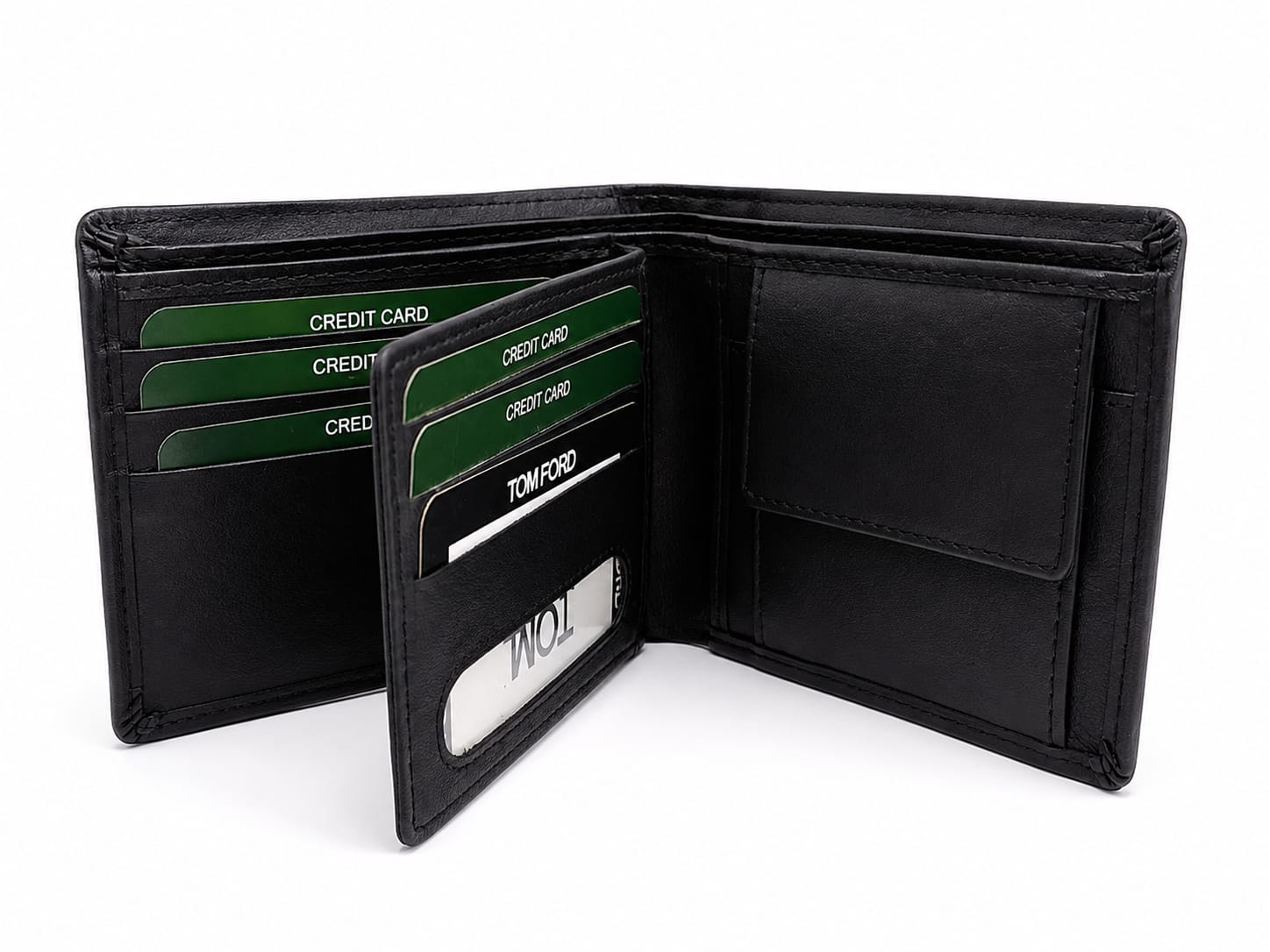 Black leather bifold wallet open with credit card slots and coin pocket