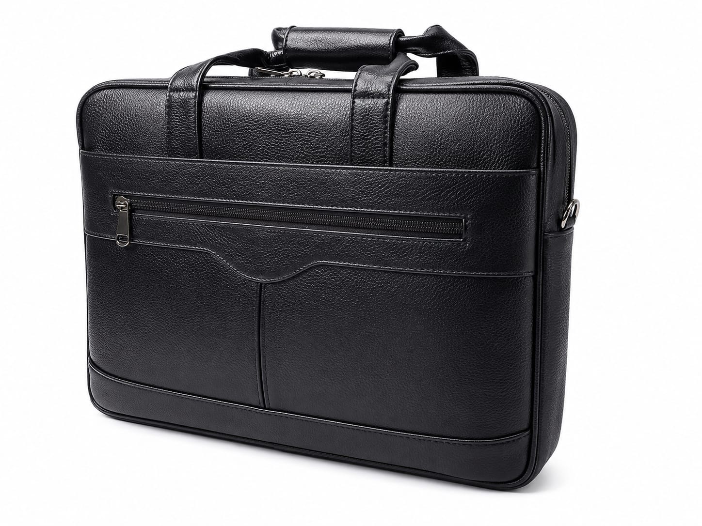 Black pebbled leather executive laptop bag with rear zip pocket