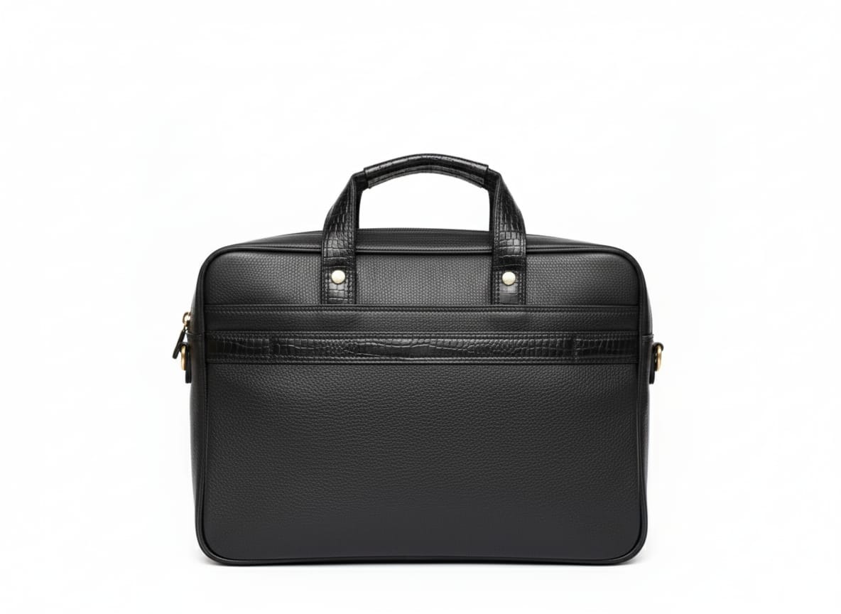 Back view of black leather flap briefcase with rear zip pocket