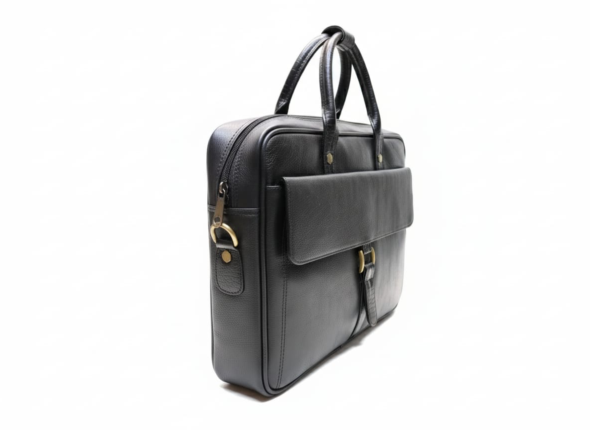 Side angle of black leather flap briefcase showing depth and strap ring