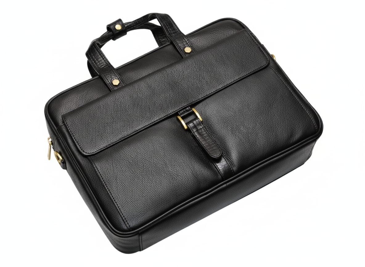 Top angle of black leather flap briefcase showing handles and flap pocket