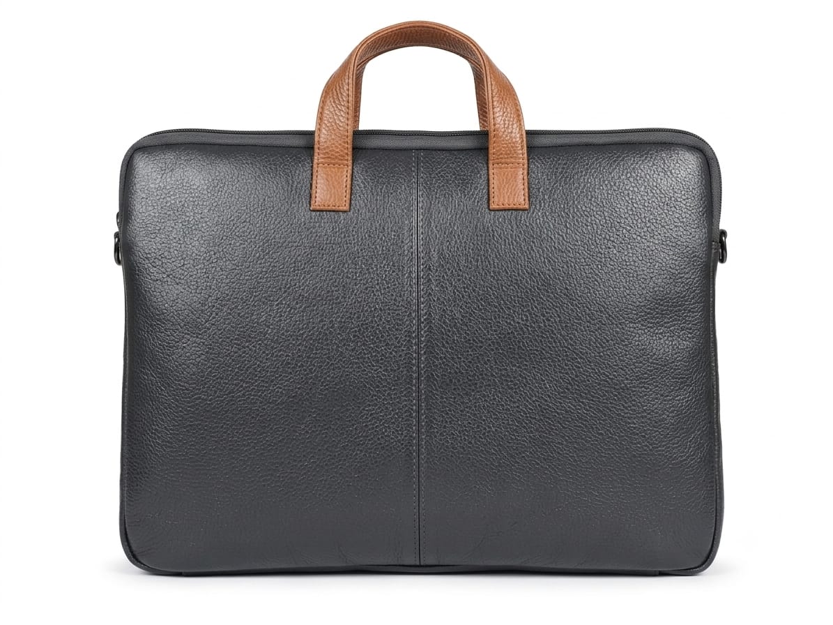 Black leather slim laptop bag with tan handles