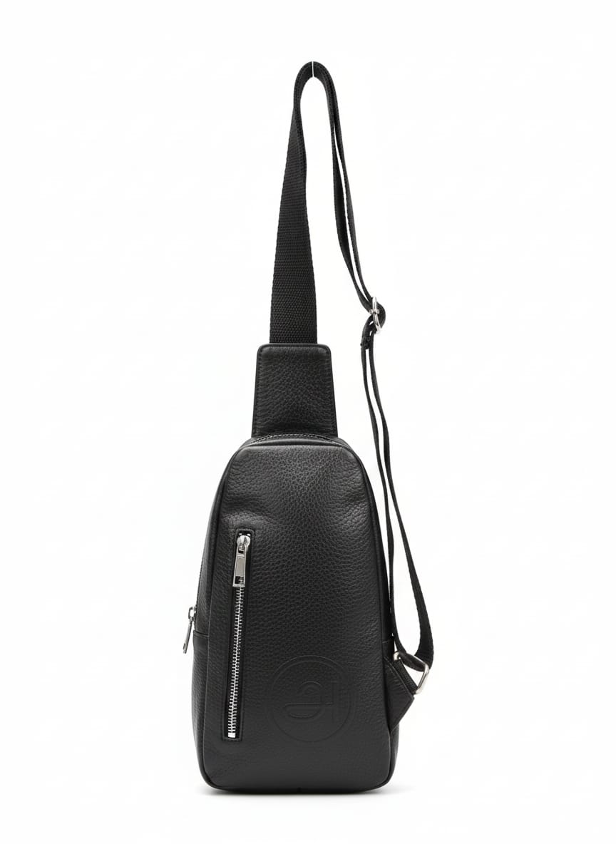 Black leather sling body bag front view with zip pocket