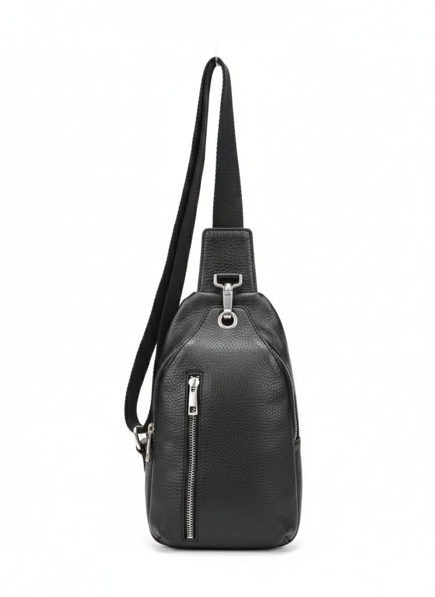 Black leather sling body bag side view with adjustable strap