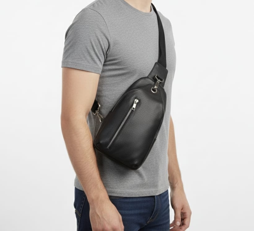Man wearing black leather sling body bag crossbody