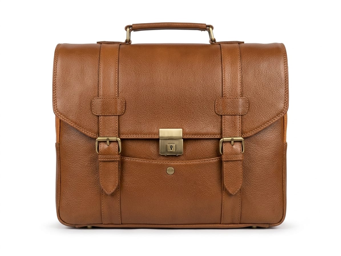 Classic tan leather flap satchel briefcase with brass buckles