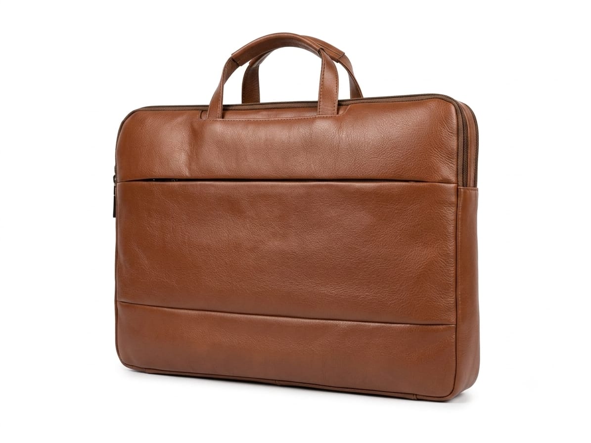Side view of cognac brown leather laptop portfolio