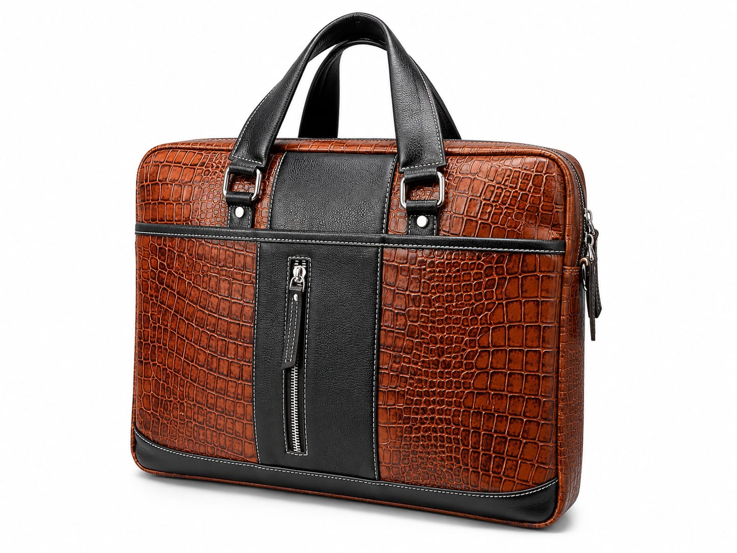 Croc-embossed tan and black leather laptop briefcase