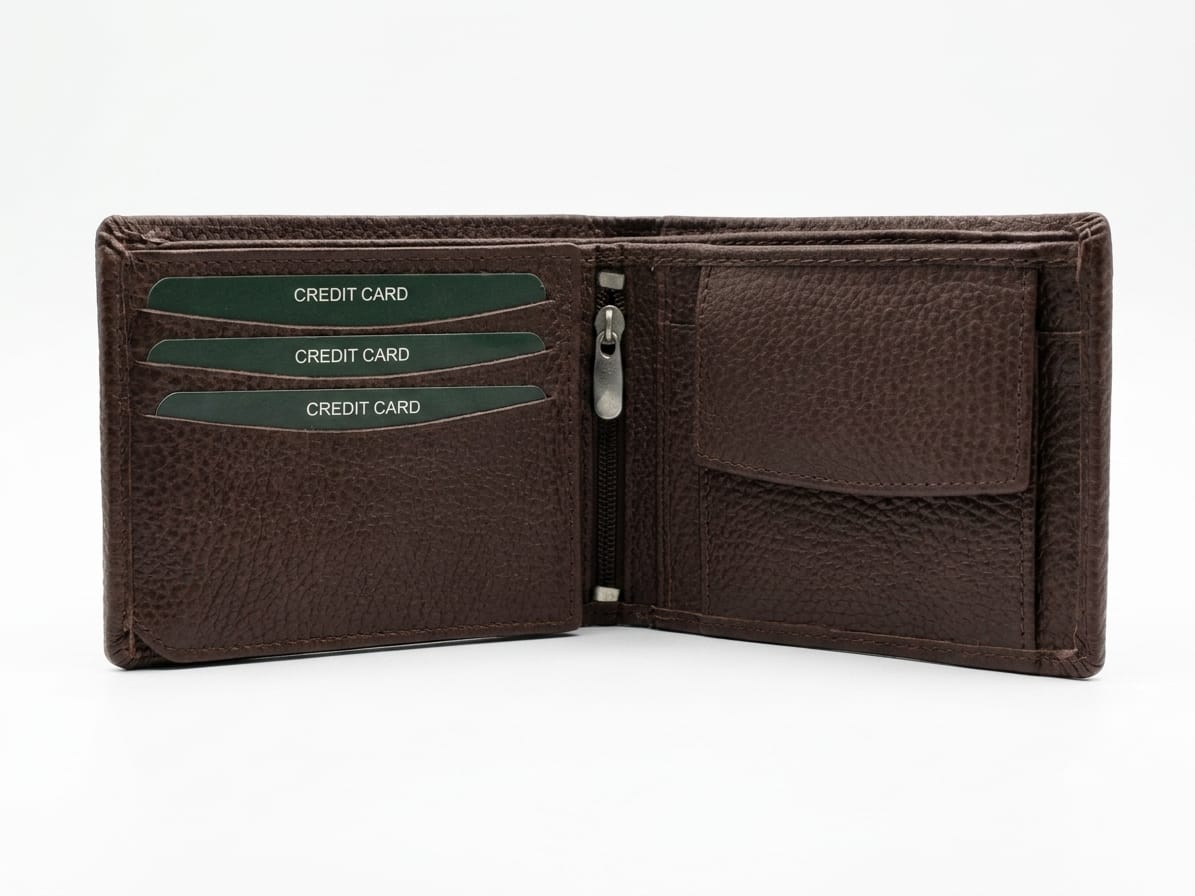 Dark brown leather bifold wallet open with zip coin pocket and card slots