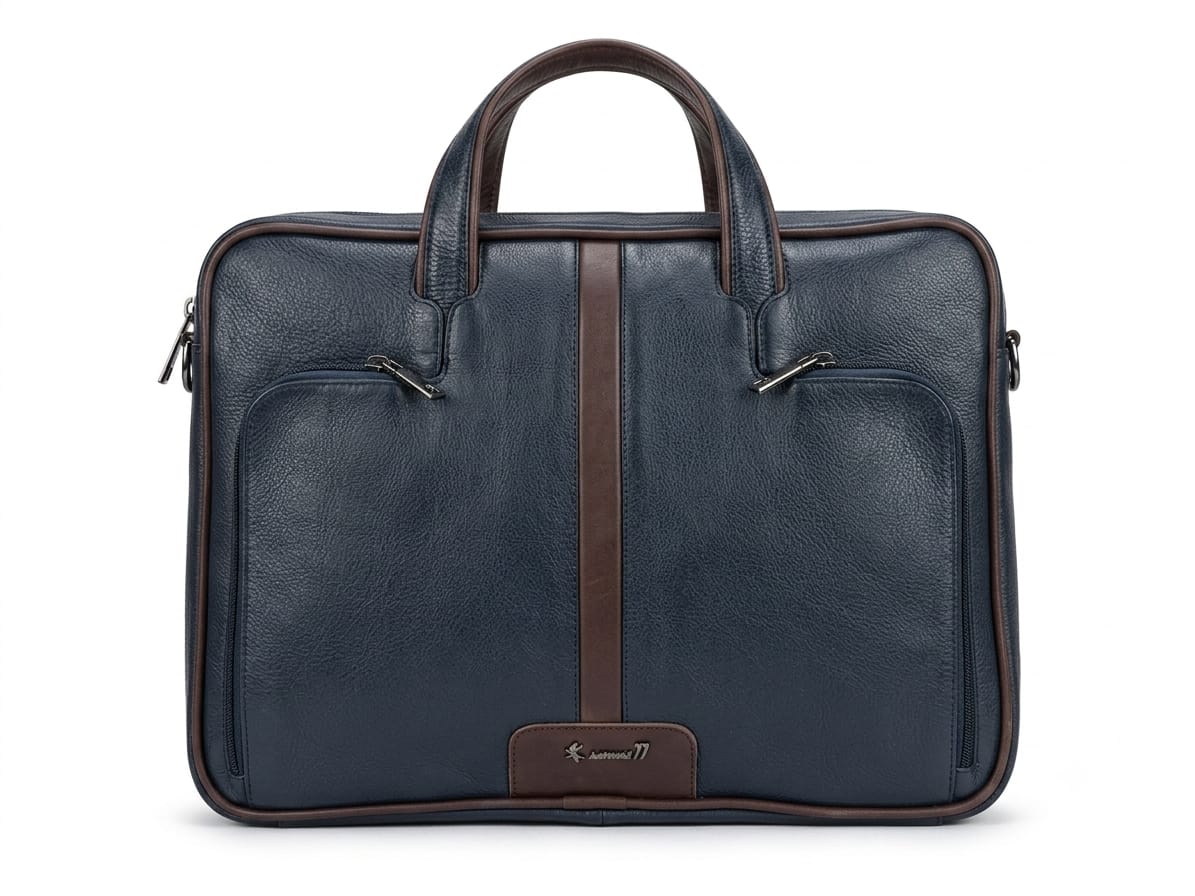 Navy leather laptop bag with brown trims