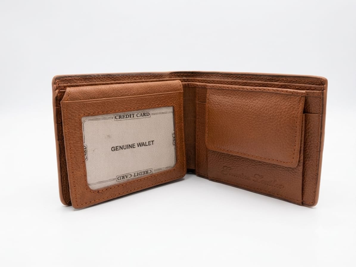 Tan leather bifold wallet interior with card slots and ID window