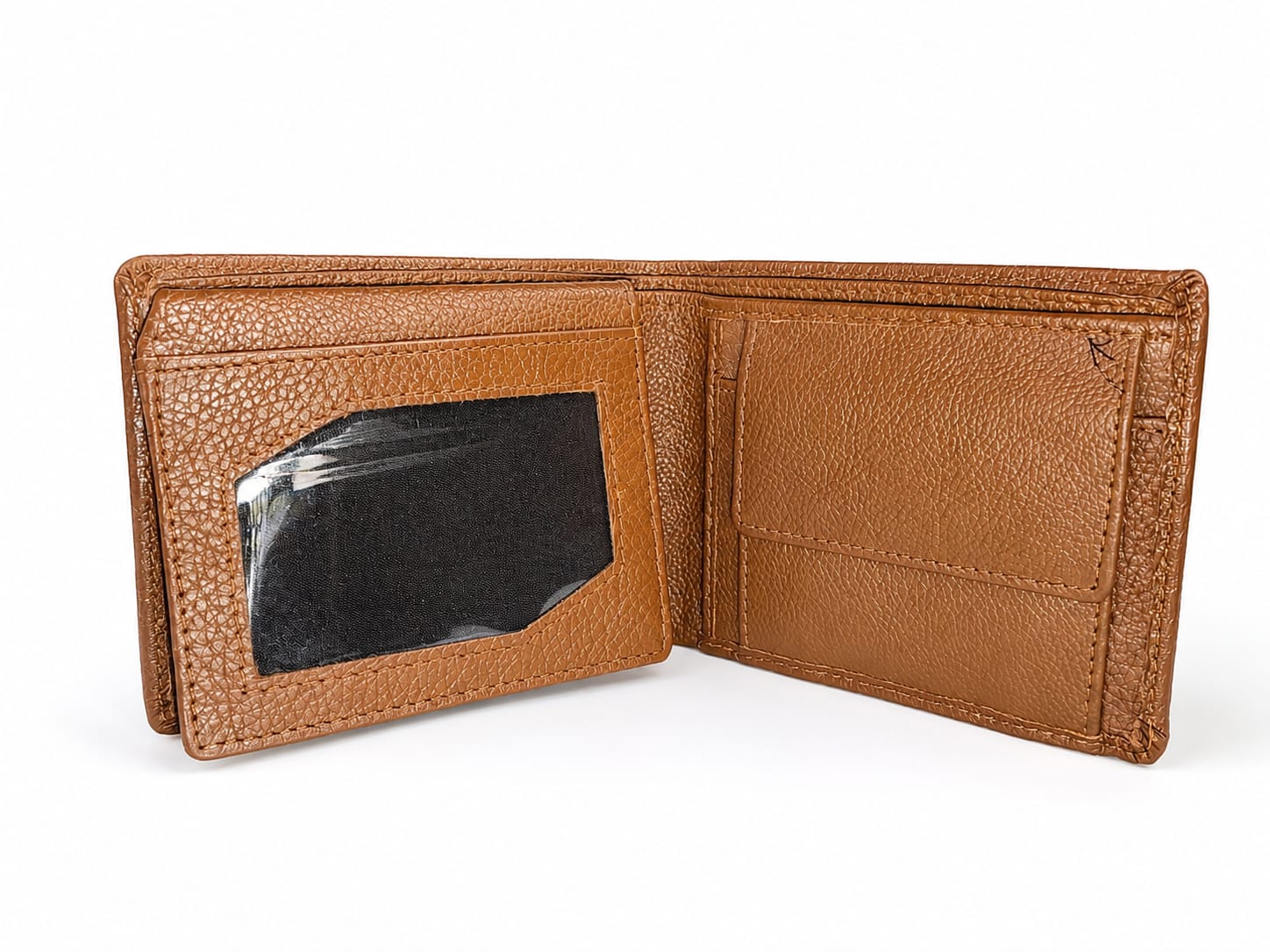 Tan leather bifold wallet open showing coin pocket