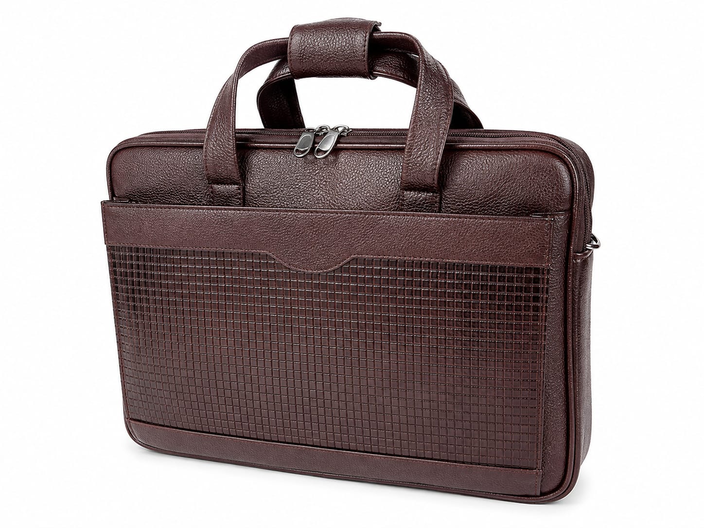 Textured brown leather laptop bag with woven embossed front panel