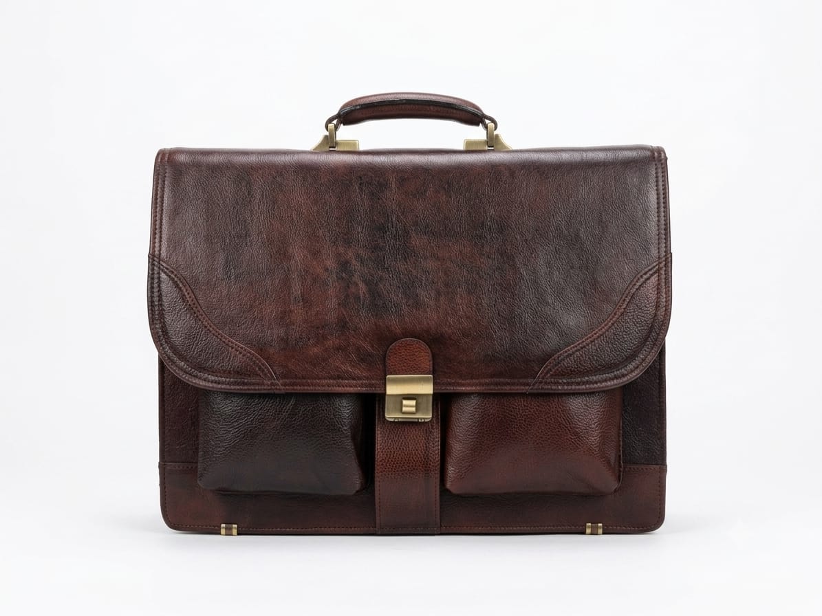 Vintage dark brown leather executive briefcase with brass lock